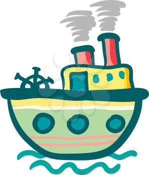 Painting of a colorful steam ship boat travelling on the sea vector color drawing or illustration 