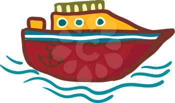 A red and yellow modern yacht with design of anchor on its body vector color drawing or illustration 