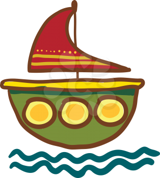 A small red and green colorful vessel floating vector color drawing or illustration 