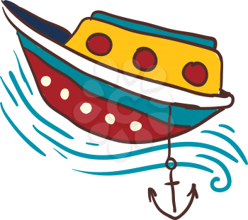 A colorful small boat is anchored in the water vector color drawing or illustration 