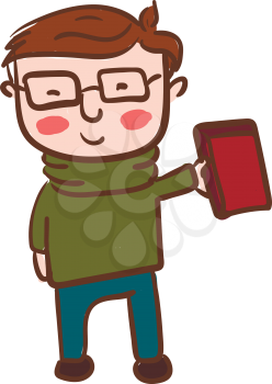 A brown hair boy is wearing a green sweater blue pants and eyeglasses is holding a book in hand vector color drawing or illustration 