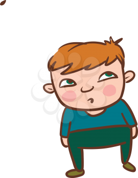 Boy wearing a green sweater blue pants looking at the falling leaf vector color drawing or illustration 