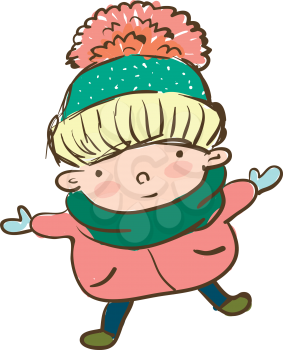 A boy covered in warm winter clothes is enjoying the weather outside vector color drawing or illustration 