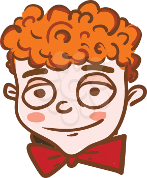 A boy with head of curly hair is wearing a red neck bow tie vector color drawing or illustration 