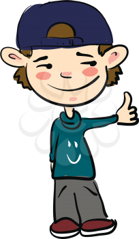 A young boy dressed in loose clothes is showing thumbs up vector color drawing or illustration 