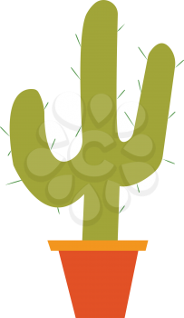 A trident shape green cactus plant is potted in a earthen pot vector color drawing or illustration 