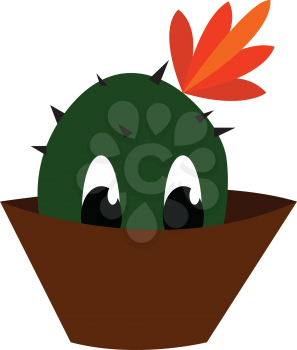 A cute cactus plant with orange flower is looking out of its brown pot vector color drawing or illustration 