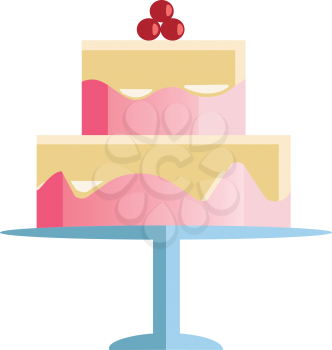 A two layer celebration cake with pink frosting and cherries on the top vector color drawing or illustration 