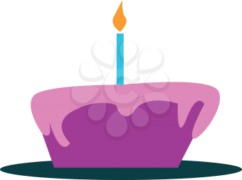 A purple fondant cake with a burring candle on the top vector color drawing or illustration 