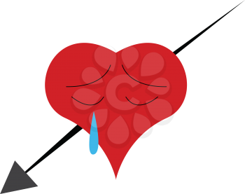 A red heart stucked with arrow is crying depicting broken heart vector color drawing or illustration 