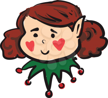A female elf with red cheeks is wearing a green colorful dress vector color drawing or illustration 
