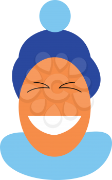 A cute smiling boy is wearing a blue pompom hat vector color drawing or illustration 