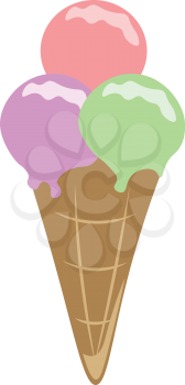A ice cream cone with three different scoops of flavor vector color drawing or illustration 