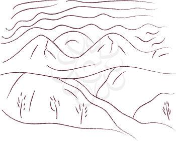 A black and white line art of landscape with hilly area and harvest field vector color drawing or illustration 