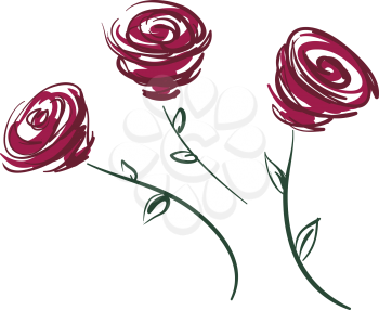 Painting of three beautiful red rose stem vector color drawing or illustration 