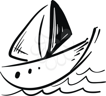 Drawing of a black and white sailor boat floating on the water vector color drawing or illustration 