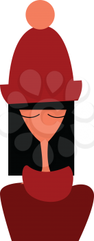 A young girl is wearing trendy red warm winter clothes vector color drawing or illustration 