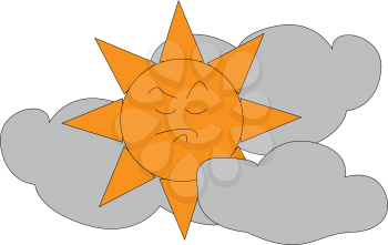 Angry sun in between clouds illustration print vector on white background