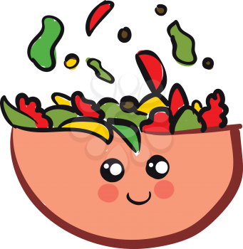 Cute smiling pink salad bowl with colorful salad vector illustration on white background 