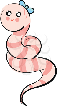 Vector illustration of a cute smiling pink worm with a blue hair bow white background 