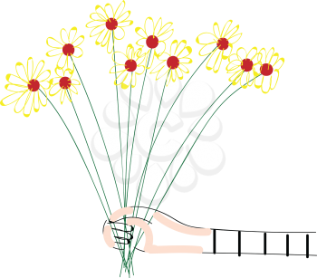 Abstract picture of a hand holding a bouquet of yellow flowers vector illustration on white background 