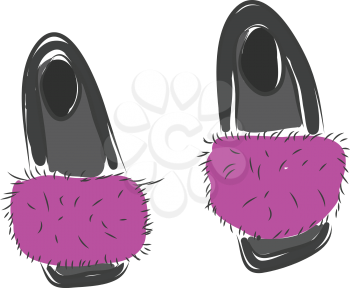 Grey and pink fluffy slippers vector illustration on white background 