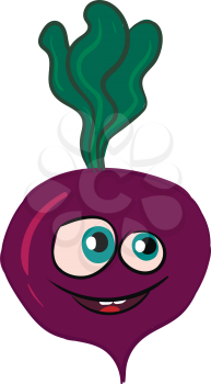 Vector illustration of a smiling purple beet with green leaves white background 