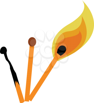 Three matchsticks of which the first one is burnt the second one is yet to be light and the third one is ignited vector color drawing or illustration