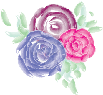 A bouquet of purple red and blue colored flowers with light green leaves around it vector color drawing or illustration 