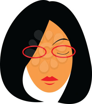  A woman with thick short black hair wearing red rimmed glasses and matching red lipstick