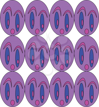 A graphic design of several purple oval shaped faces looking shocked vector color drawing or illustration
