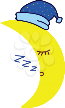 A cartoon of a crescent moon wearing a night hat and sleeping peacefully vector color drawing or illustration