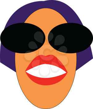 A face of a woman who is wearing sunglassess and has purple hair and red lips smiling vector color drawing or illustration