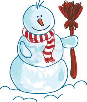 A drawing of a snowman wearing a red and white striped muffler and holding a red broom in one hand vector color drawing or illustration