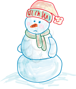 A sketch of a sad snowman wearing stocking hat and a scarf vector color drawing or illustration
