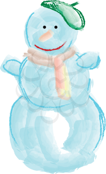 A drawing of smiling snowman wearing a green beret and a muffler vector color drawing or illustration