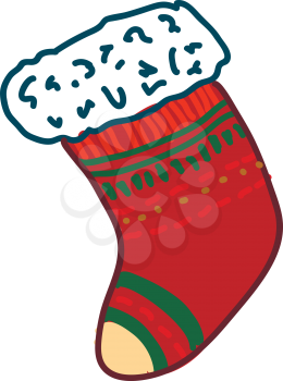 A red colored sock decorated with tiny green and yellow lines vector color drawing or illustration