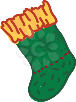 A green sock with yellow borad border on top and maroon dots vector color drawing or illustration 
