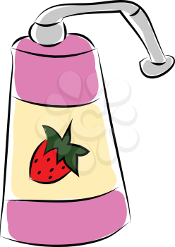 Pink soap bottle with a red strawberry vector illustration on white background