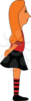 Side portraite of a girl in red shirt black skirt and black and red striped socks vector illustration on white background
