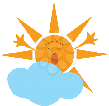 Cartoon of a yawning yellow sun and a blue cloud vector illustration on white background