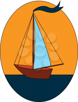 Sailnig boat with blue flag on blue water vector illustration in blue and yellow eclips  on white background