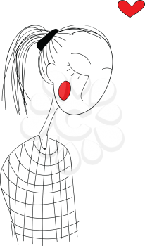 Abstract portrait of a girl with a pony tail and red heart vector illustration on white background
