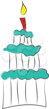 Three-story cake with blue frosting and red  candle on top vector illustration on white background