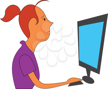 Girl working on project on desktop computer illustration print vector on white background