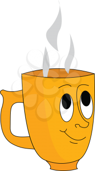 Yellow cup with face and steam coming out from it illustration print vector on white background