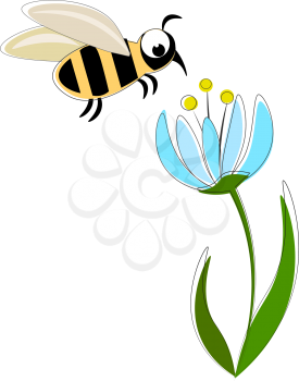 Bee on the blue flower vector illustration on white background