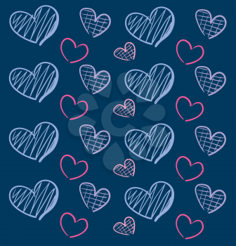 Different size and colour hearts on blue backround illustration vector on blue background