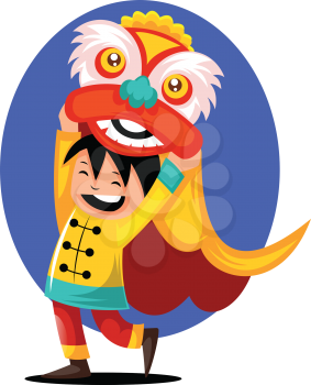 Chinese kid wearing monster costume for Chinese New Year illustration vector on white background
