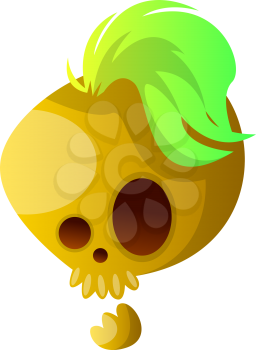 Yellow cartoon skull with green hair vector illustartion on white background